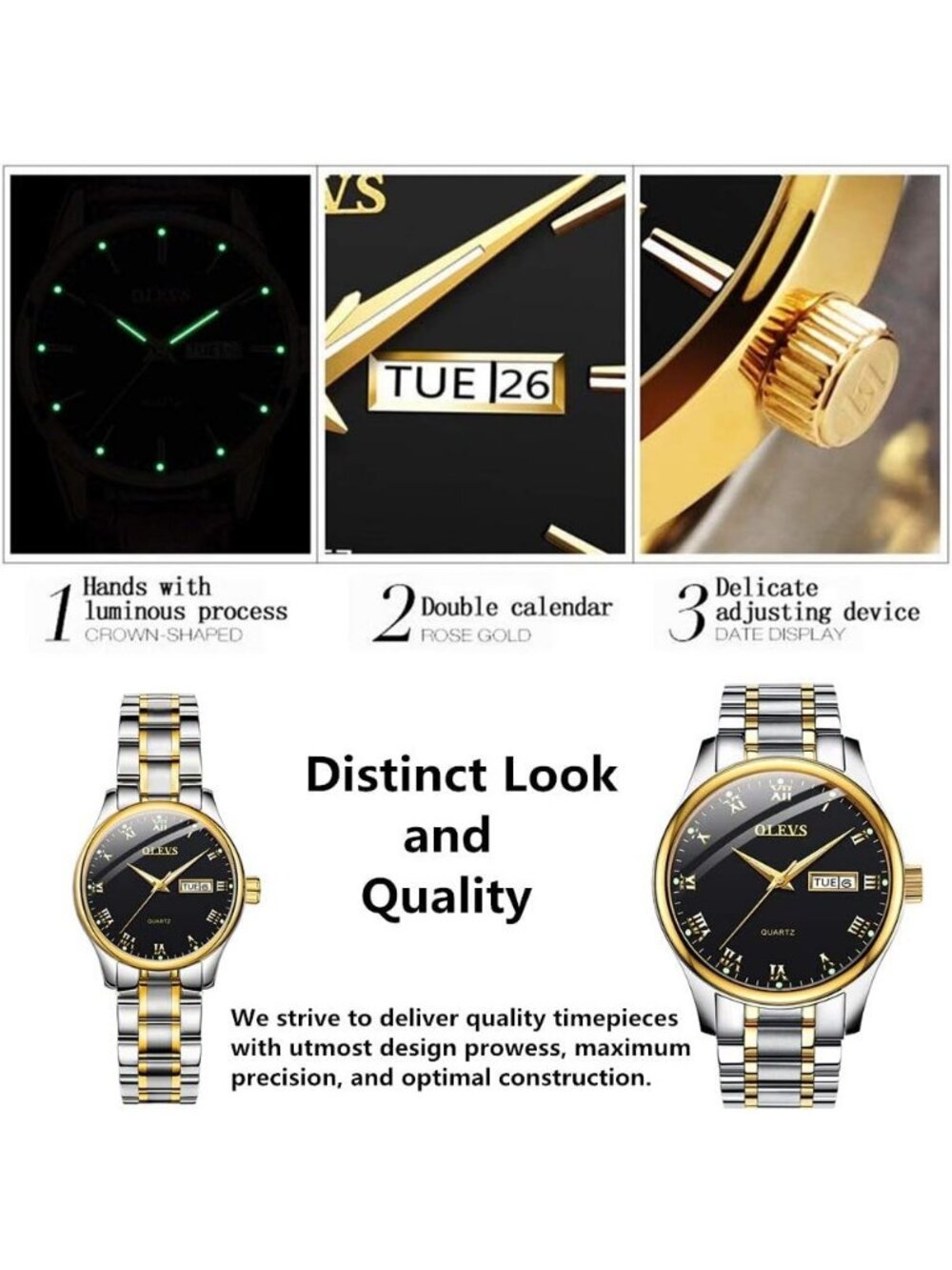 Olevs Men's Silver Stainless Black Face Analog Quartz Waterproof Luminous Watch - Picture 3 of 6
